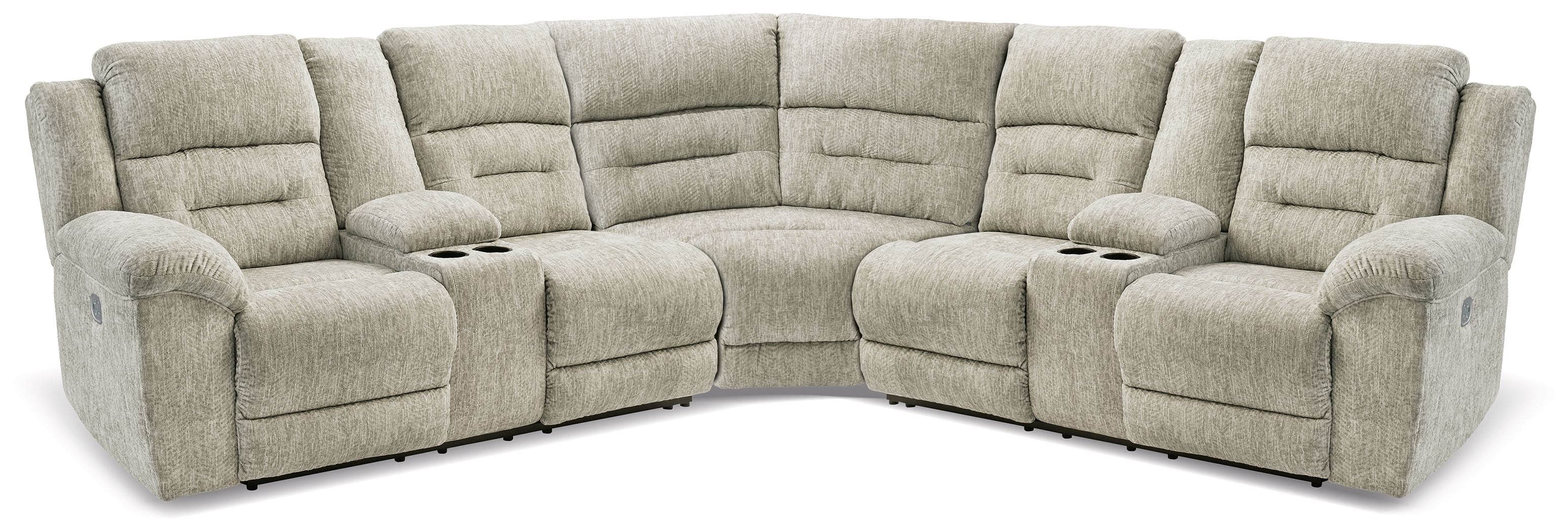Family Den - Pewter - 3-Piece Power Reclining Sectional With 2 Loveseats With Console-Reclining Sectionals-American Furniture Outlet