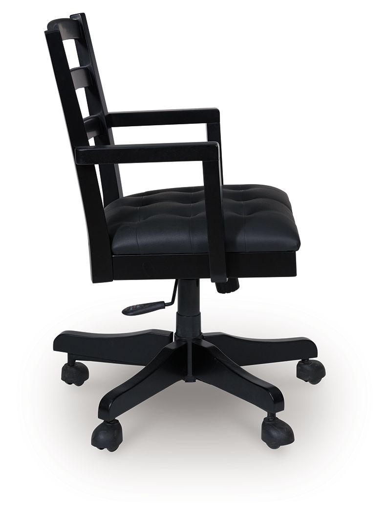 Swivel desk chair side view with black armrests, dark padded seat, five-wheel base