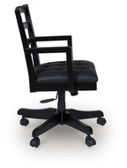 Swivel desk chair side view with black armrests, dark padded seat, five-wheel base