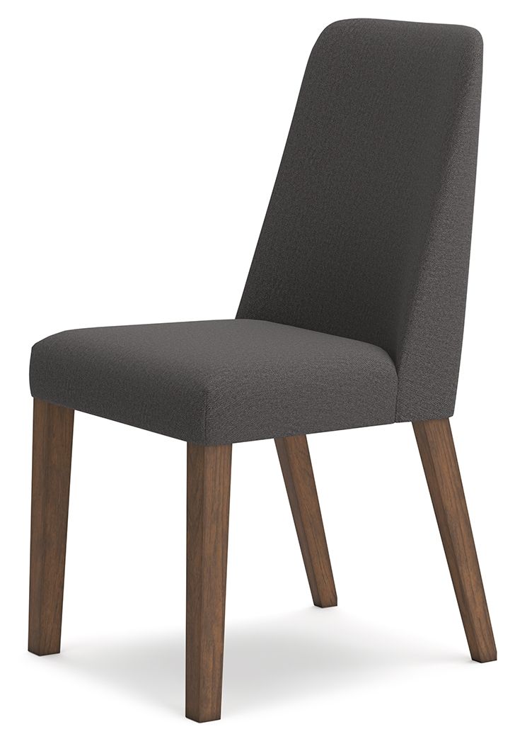 Dark gray upholstered dining side chair with tall backrest and sturdy wooden legs