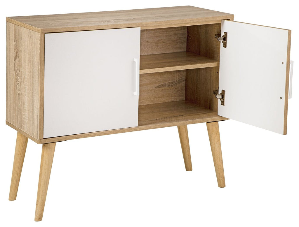 Light wood accent cabinet with open side and interior shelves, brass-style hinges