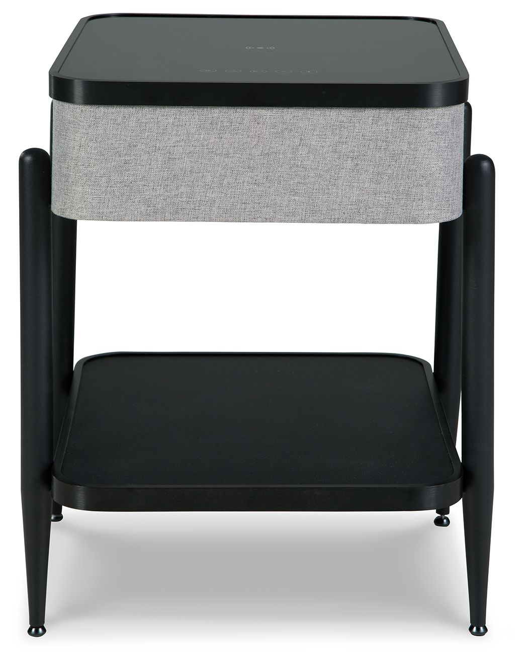 Gray speaker side table with black upholstered lower shelf and rounded top