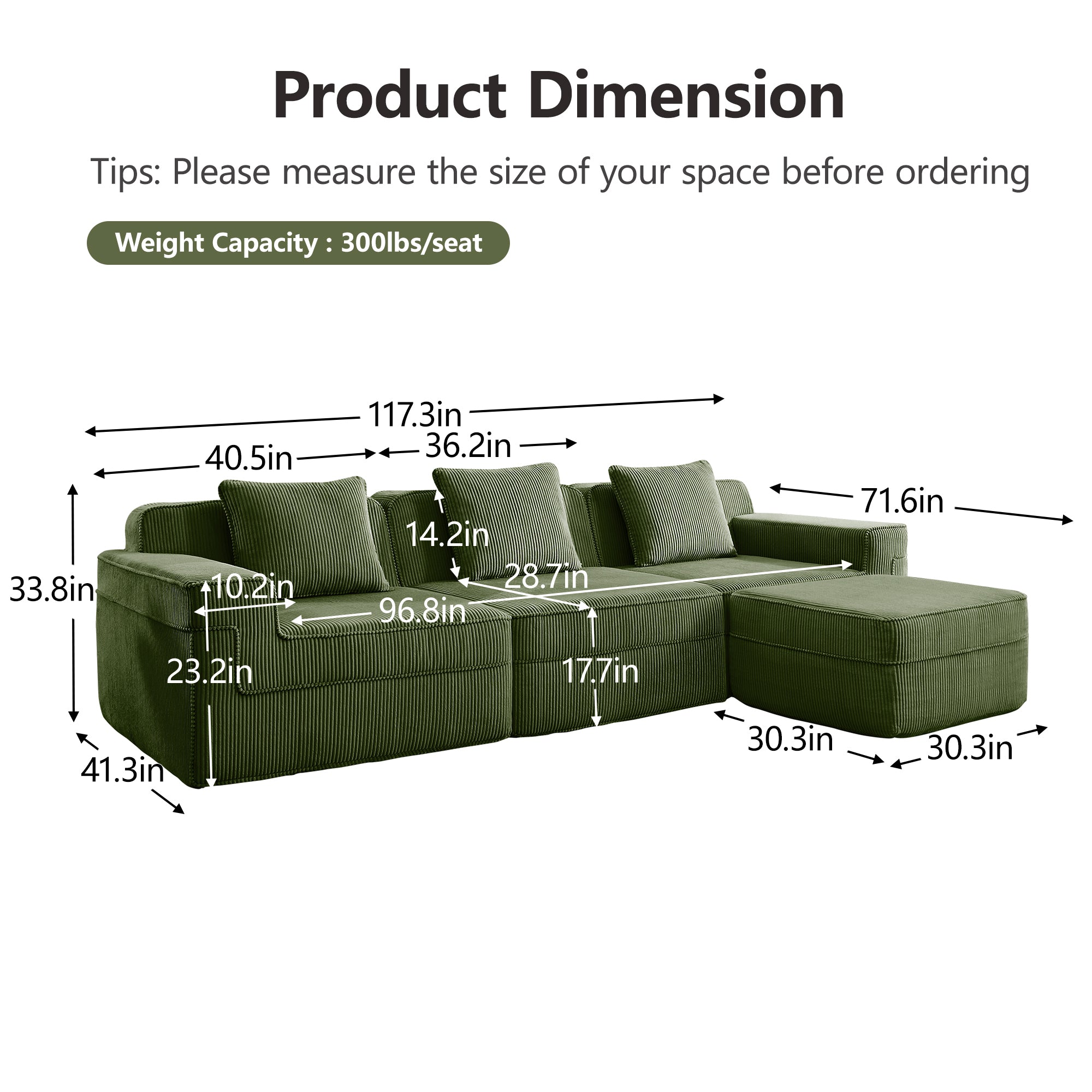 Green corduroy sectional sofa dimension diagram with weight capacity callout