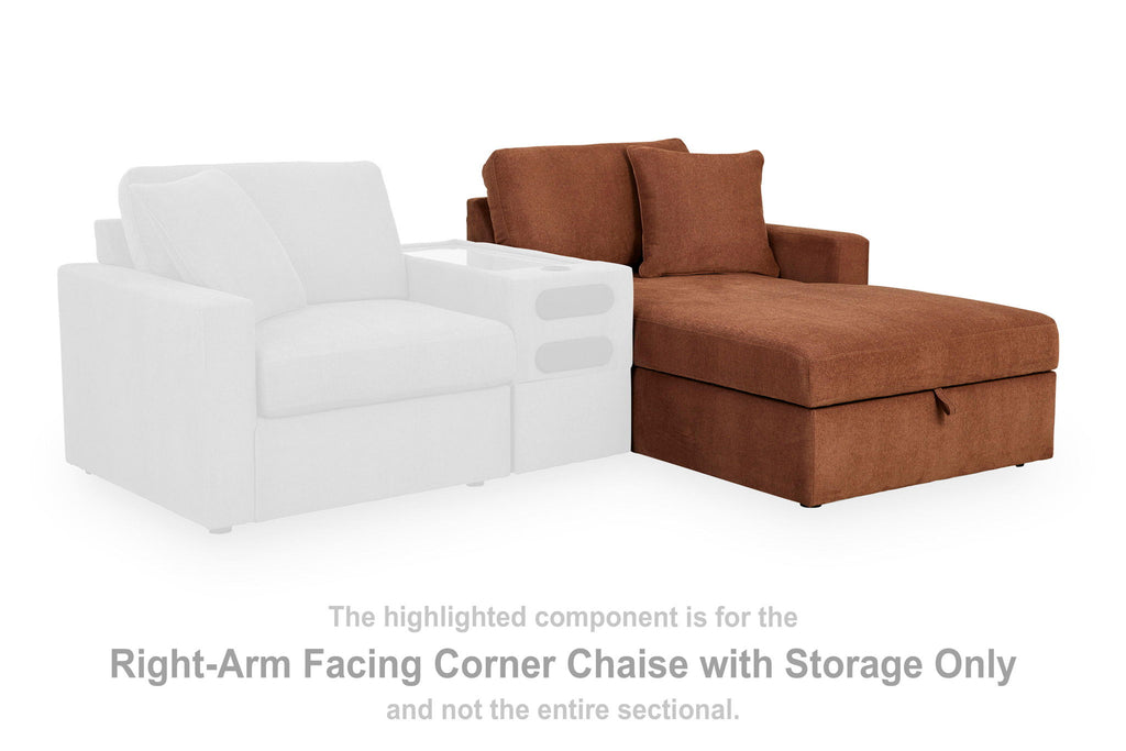 Right-arm facing spice-brown corner chaise with storage and back cushion.