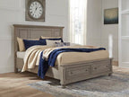 Light gray king bed frame with roll slat rails and two storage drawers