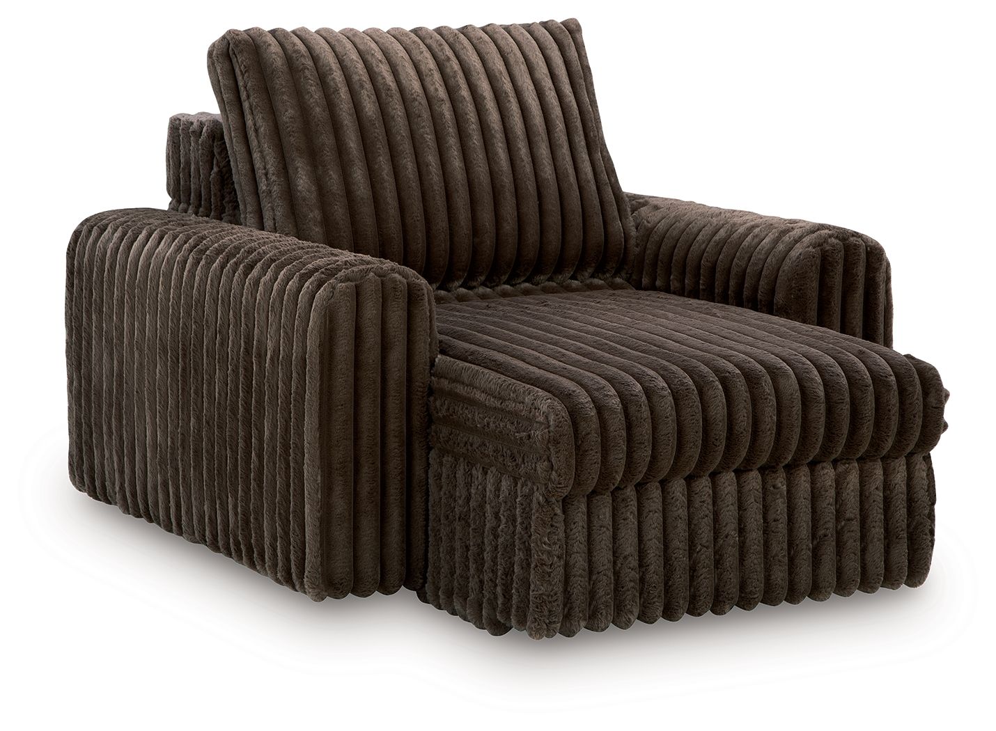 Dark chocolate corduroy chaise lounge with tall backrest and rounded arms
