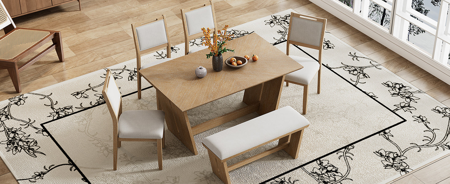 6-Pc Retro Dining Set w/ Bench - Natural Wood