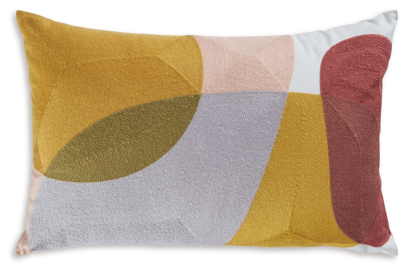 Geometric patchwork pillow, yellow gray white and rust red