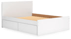White panel platform bed showing interior slats inside the storage base