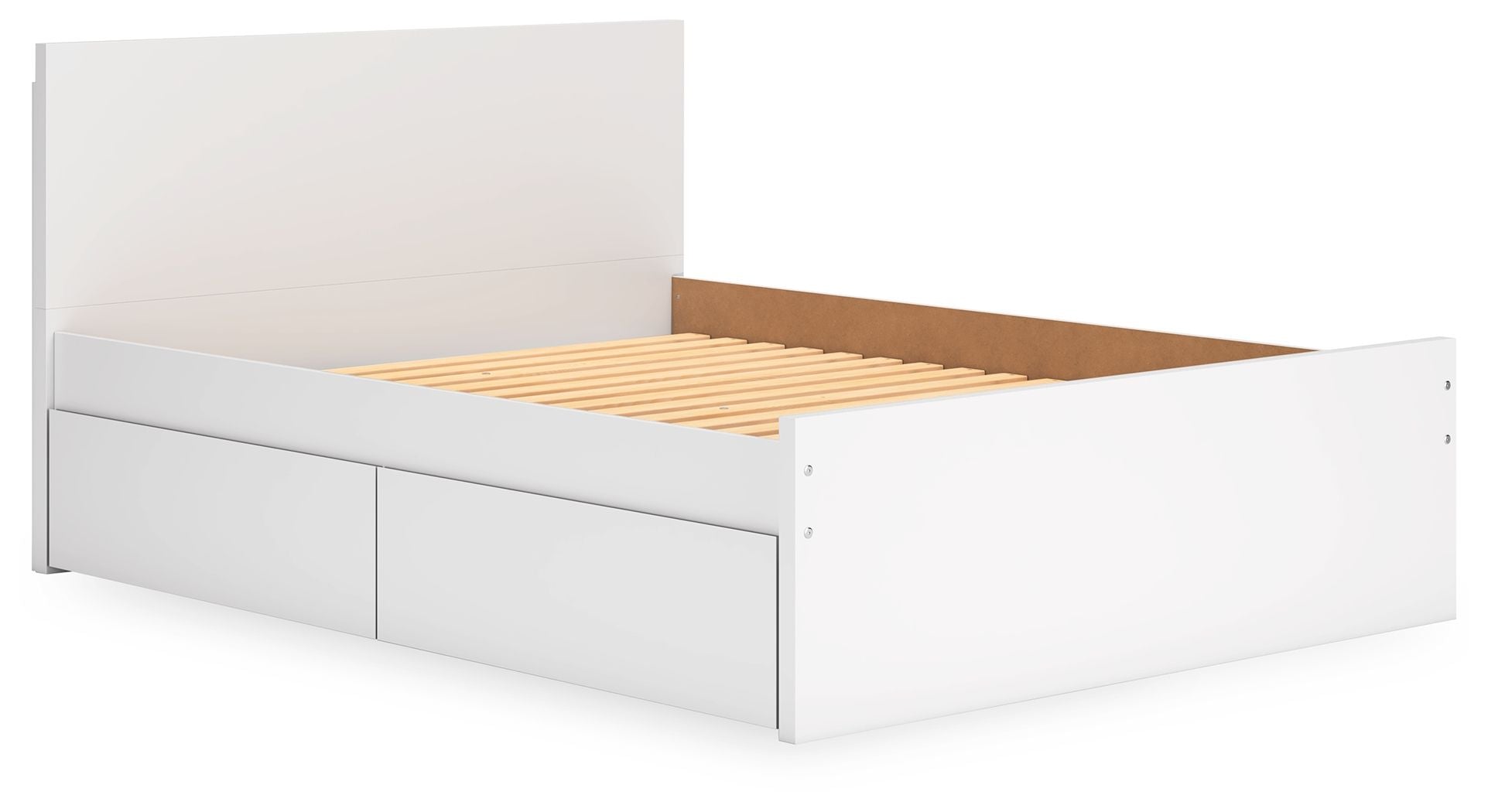 White panel platform bed showing interior slats inside the storage base