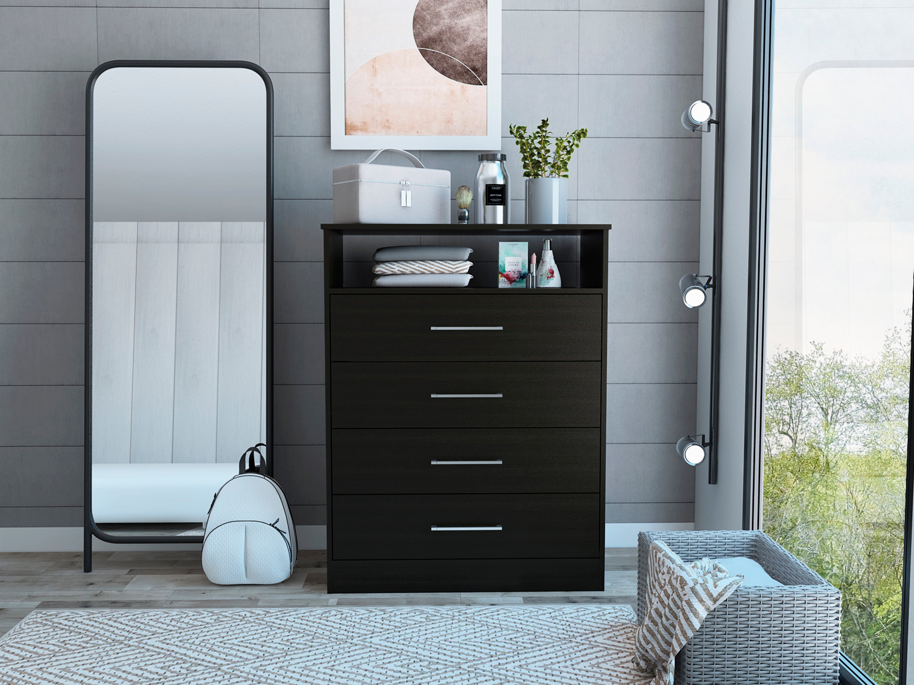 Black Continental Dresser: 4-Drawer, 1-Shelf Storage