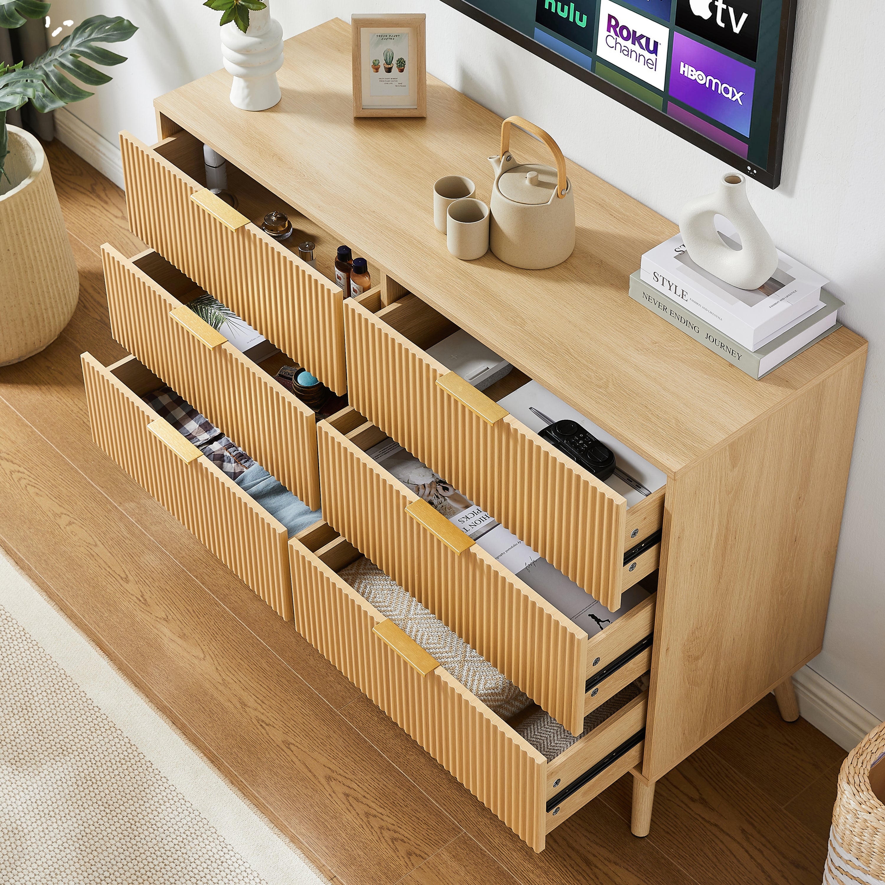 Wavy Drawer Dresser - 6 Drawers - Natural Wood
