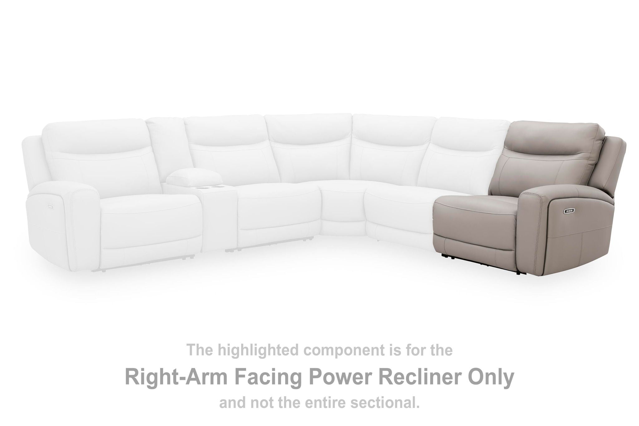 Gray right-arm facing power recliner section with padded backrest and arms