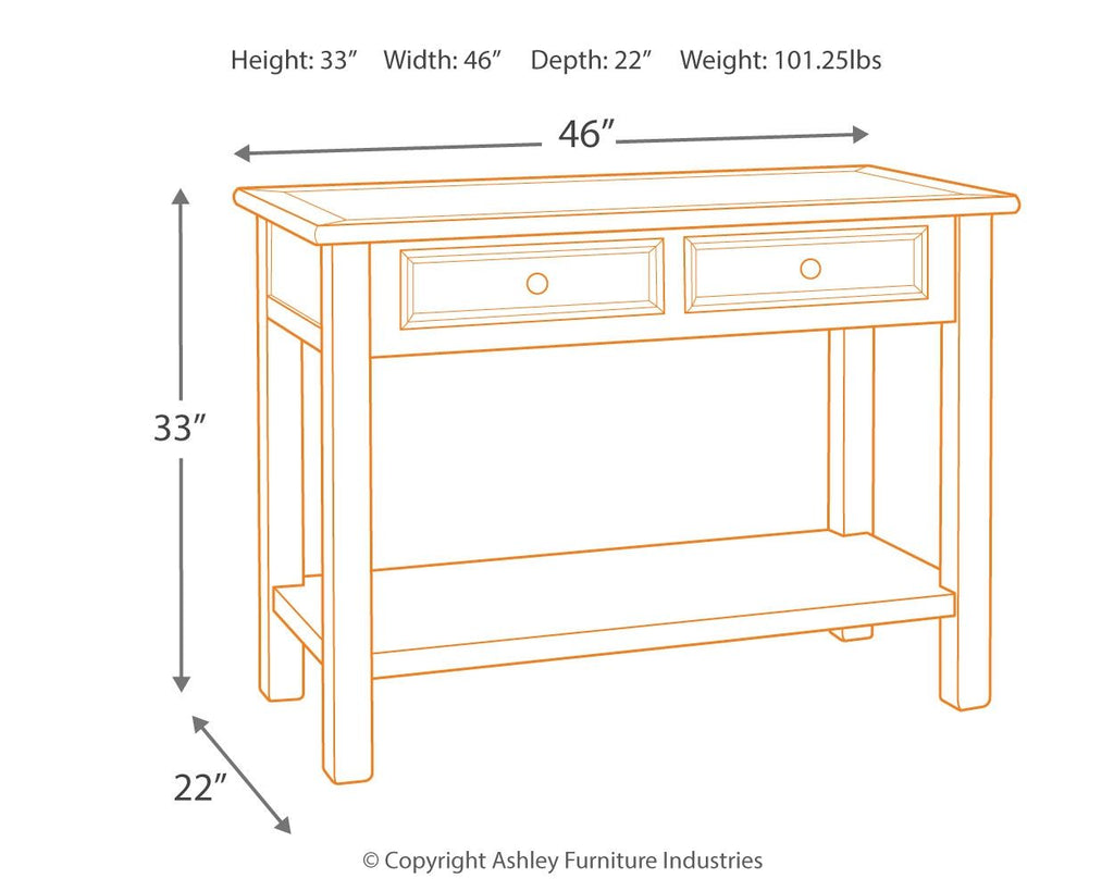 White sofa table with two drawers, 46W x 22D x 33H
