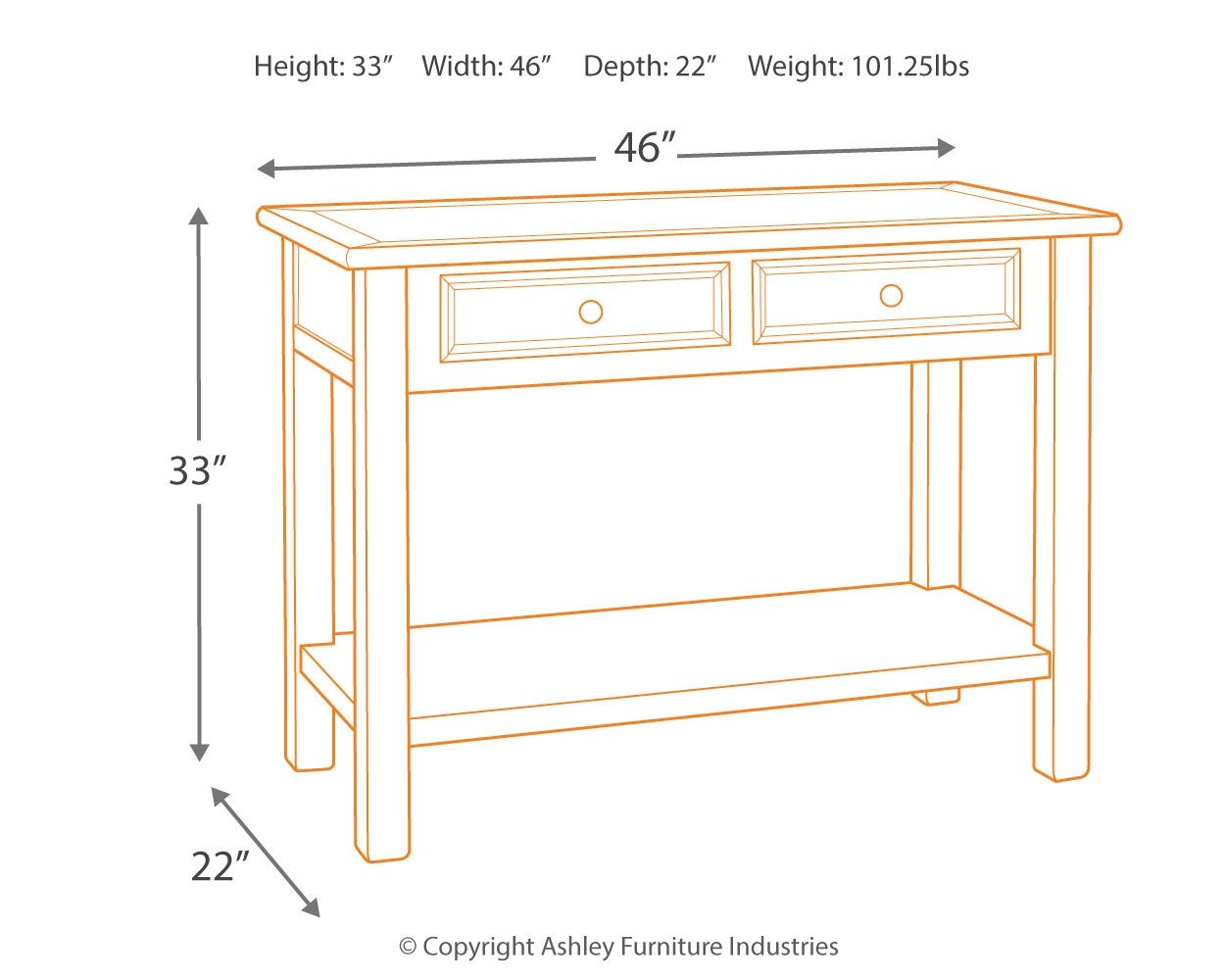 White sofa table with two drawers, 46W x 22D x 33H