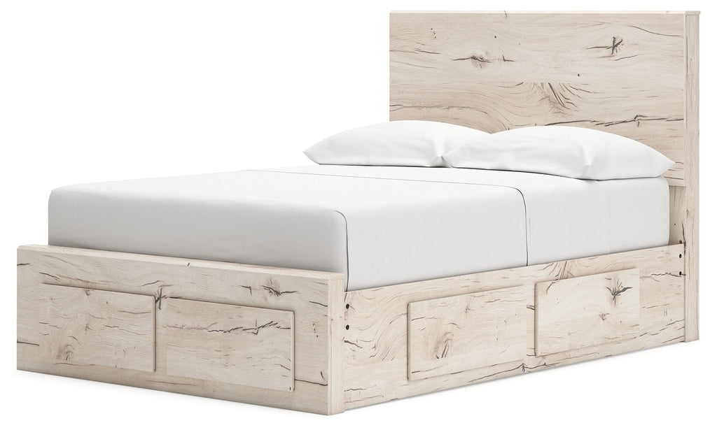 Panel bed with storage, white upholstered mattress and pillows, light wood drawer panels