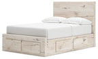 Panel bed with storage, white upholstered mattress and pillows, light wood drawer panels