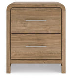 Warm natural brown wood two-drawer nightstand with two metal bar pulls and front trim