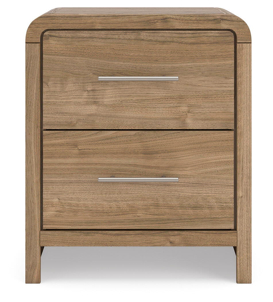Warm natural brown wood two-drawer nightstand with two metal bar pulls and front trim