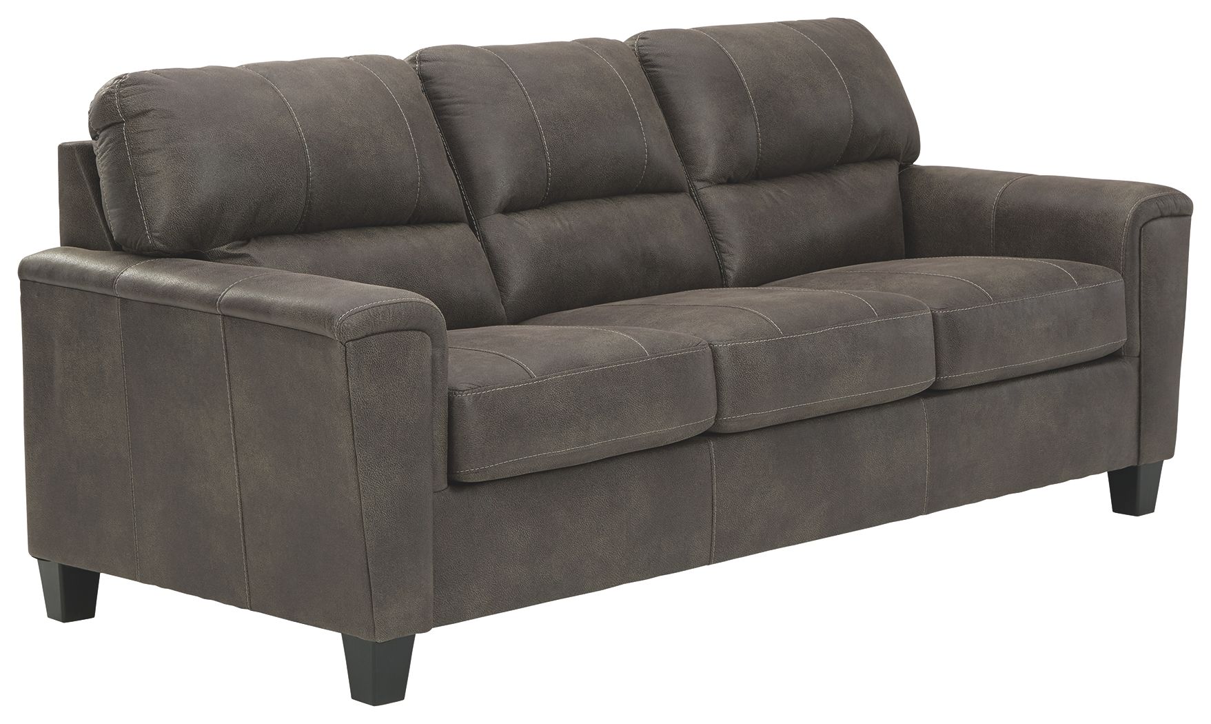 Gray stationary loveseat sofa with tufted back, padded arms, and three seat cushions