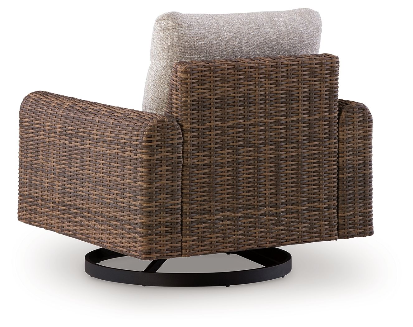 Woven swivel lounge chair with gray back cushion, dark brown arms, round black base