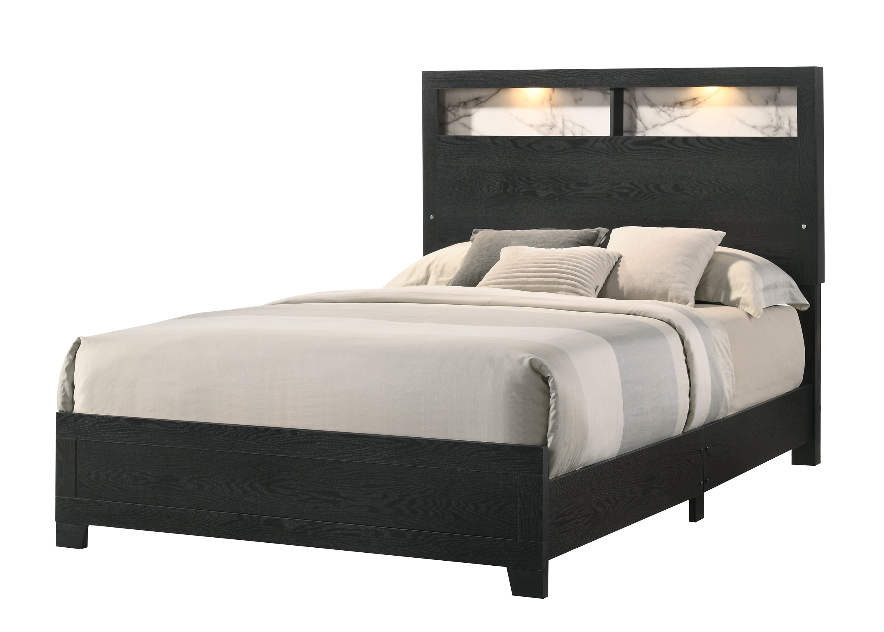 King Size LED Headboard | Storage, Sleek Black Wood Panel Design