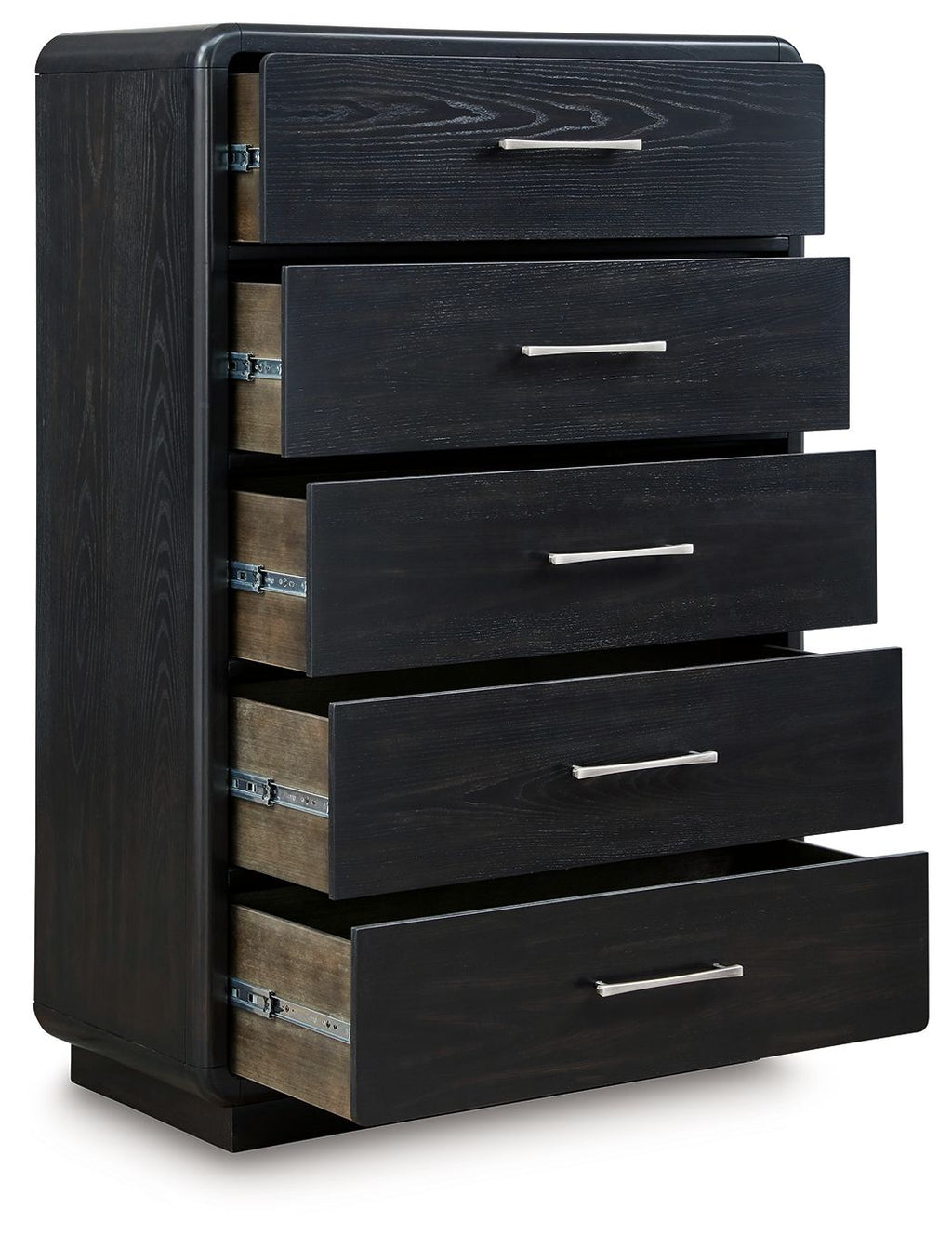 Black five-drawer chest with drawers pulled open showing interior rails.