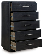 Black five-drawer chest with drawers pulled open showing interior rails.
