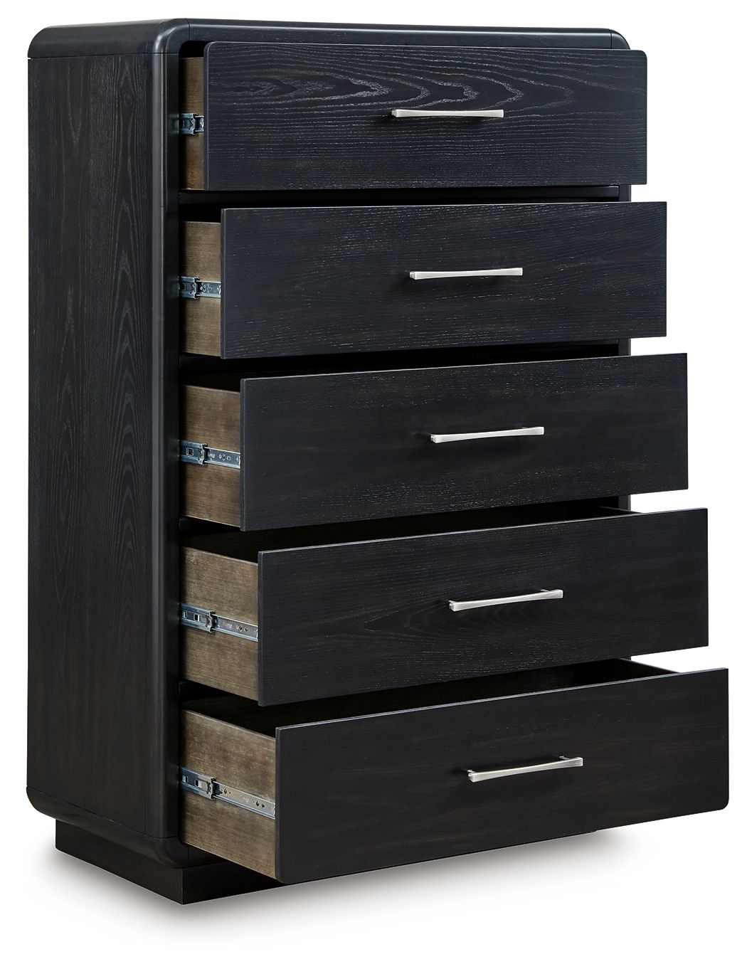 Black five-drawer chest with drawers pulled open showing interior rails.