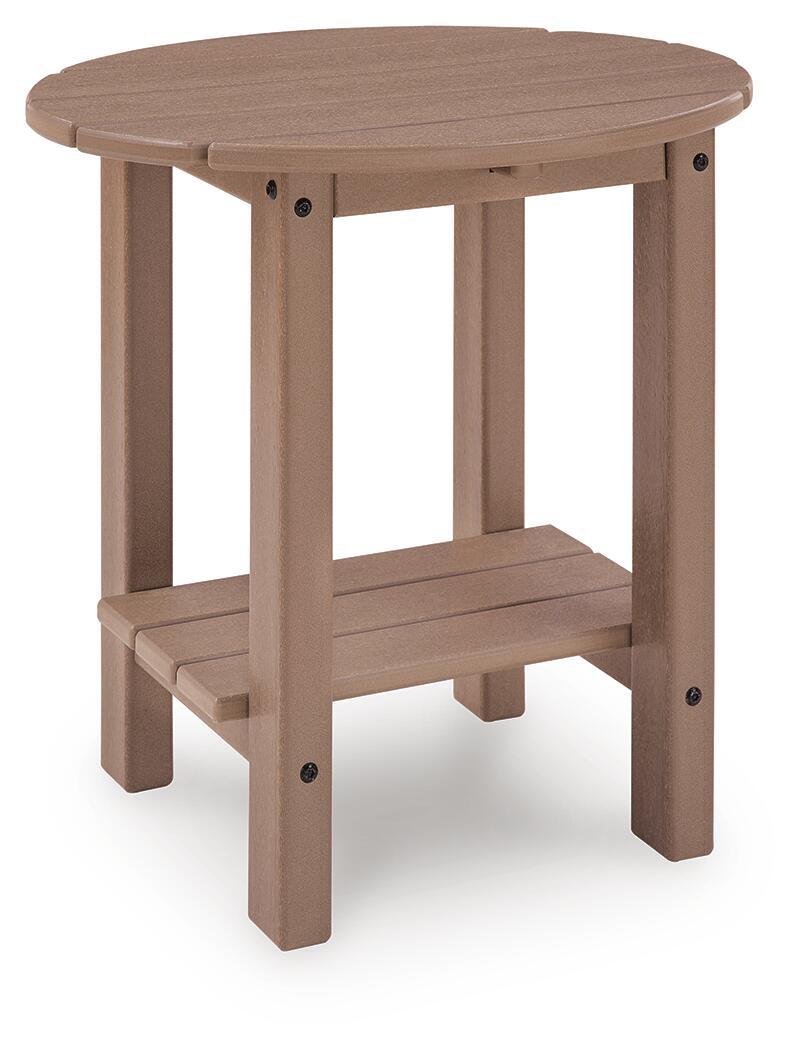 Light brown oval side table with slatted lower shelf and rounded tabletop edges