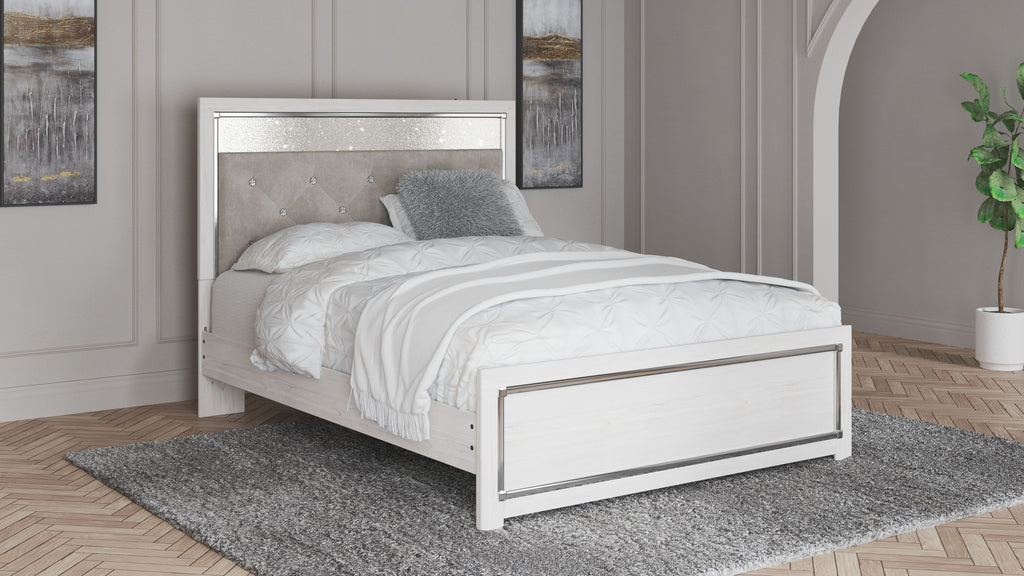Queen bed with white frame and light-gray tufted headboard with roll-slat design