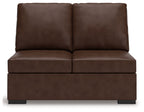 Coffee-brown armless loveseat with two back cushions and padded seat, low black legs