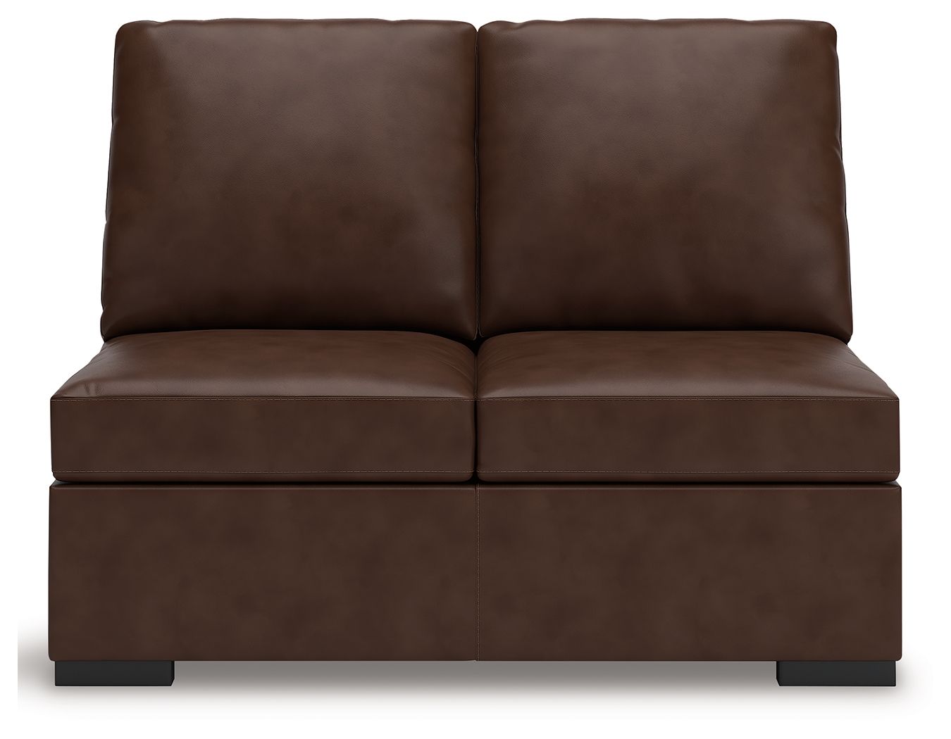 Coffee-brown armless loveseat with two back cushions and padded seat, low black legs