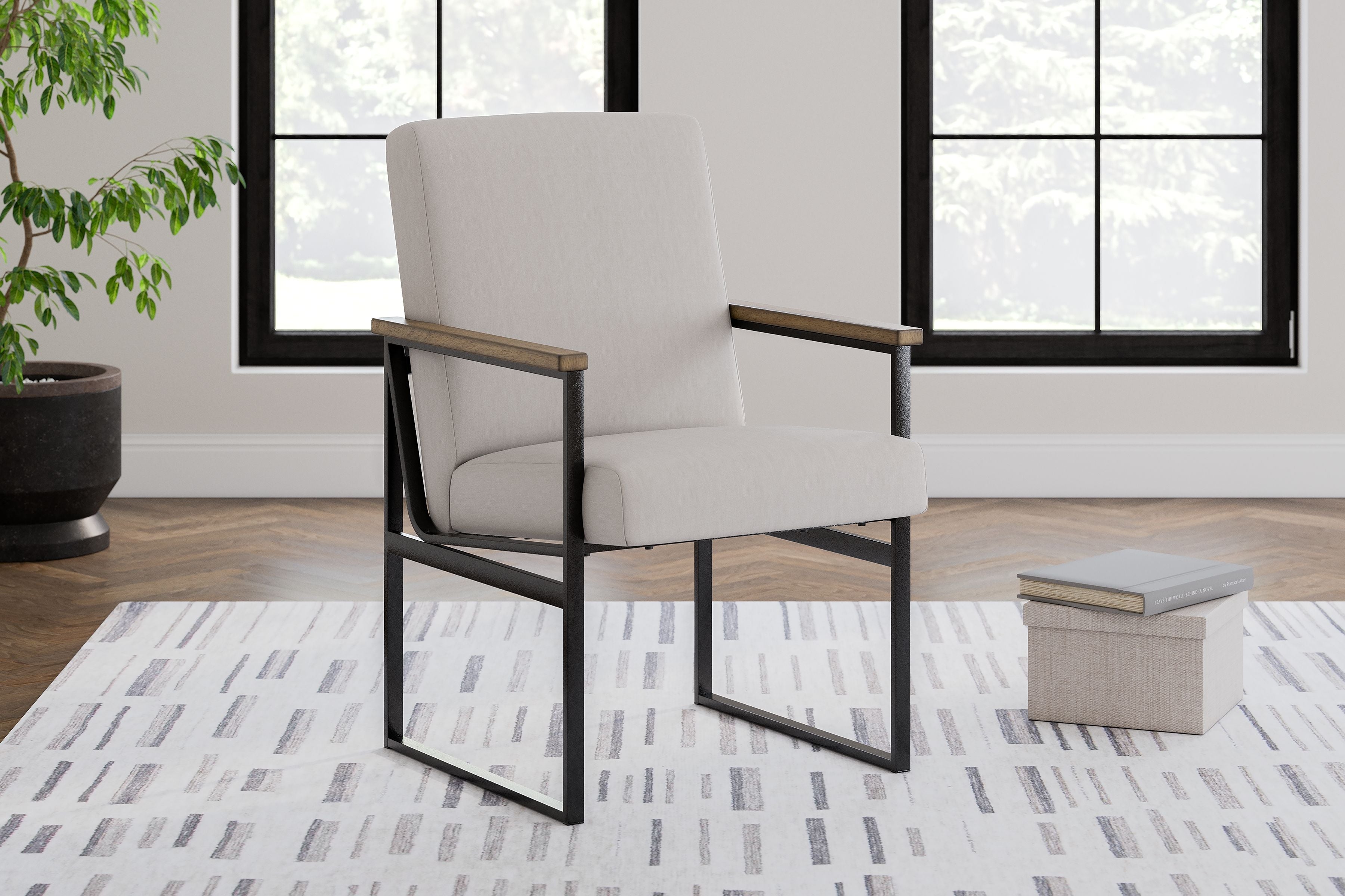 Light beige upholstered armchair with wood armrests and dark metal legs