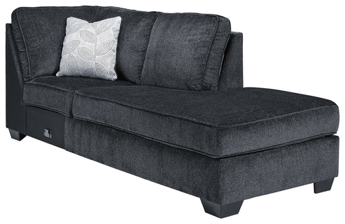 Slate right-arm corner chaise with padded back, seat, and throw pillow