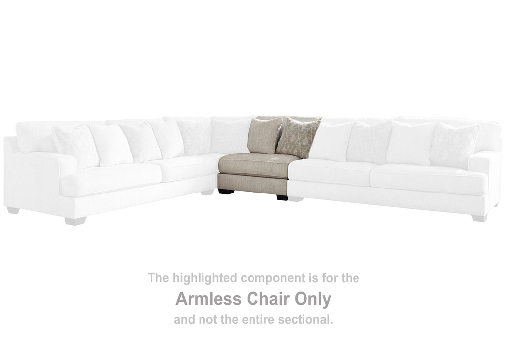 Parchment armless chair section with two back cushions in light textured fabric