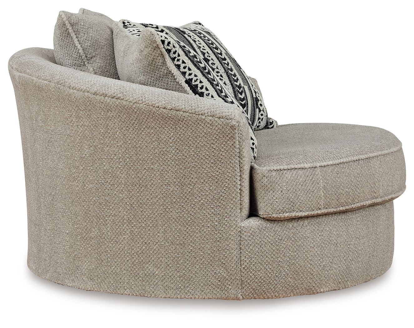 Light beige swivel accent chair with plush rounded arms and patterned back pillow