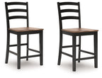 Set of 2 barstools with dark wood seat and black ladder back, square legs