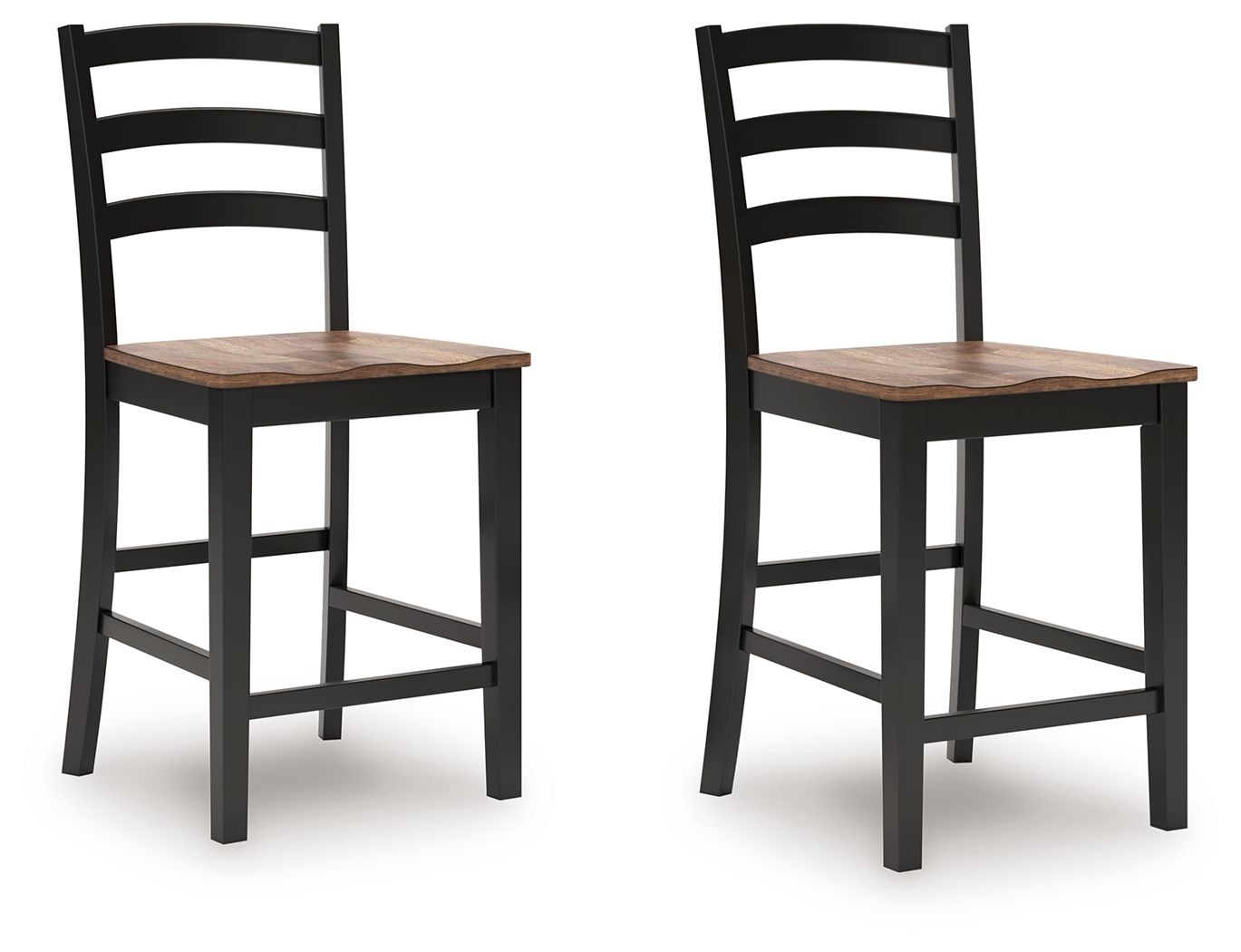 Set of 2 barstools with dark wood seat and black ladder back, square legs