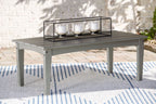 Rectangular outdoor coffee table with gray surface and black metal frame