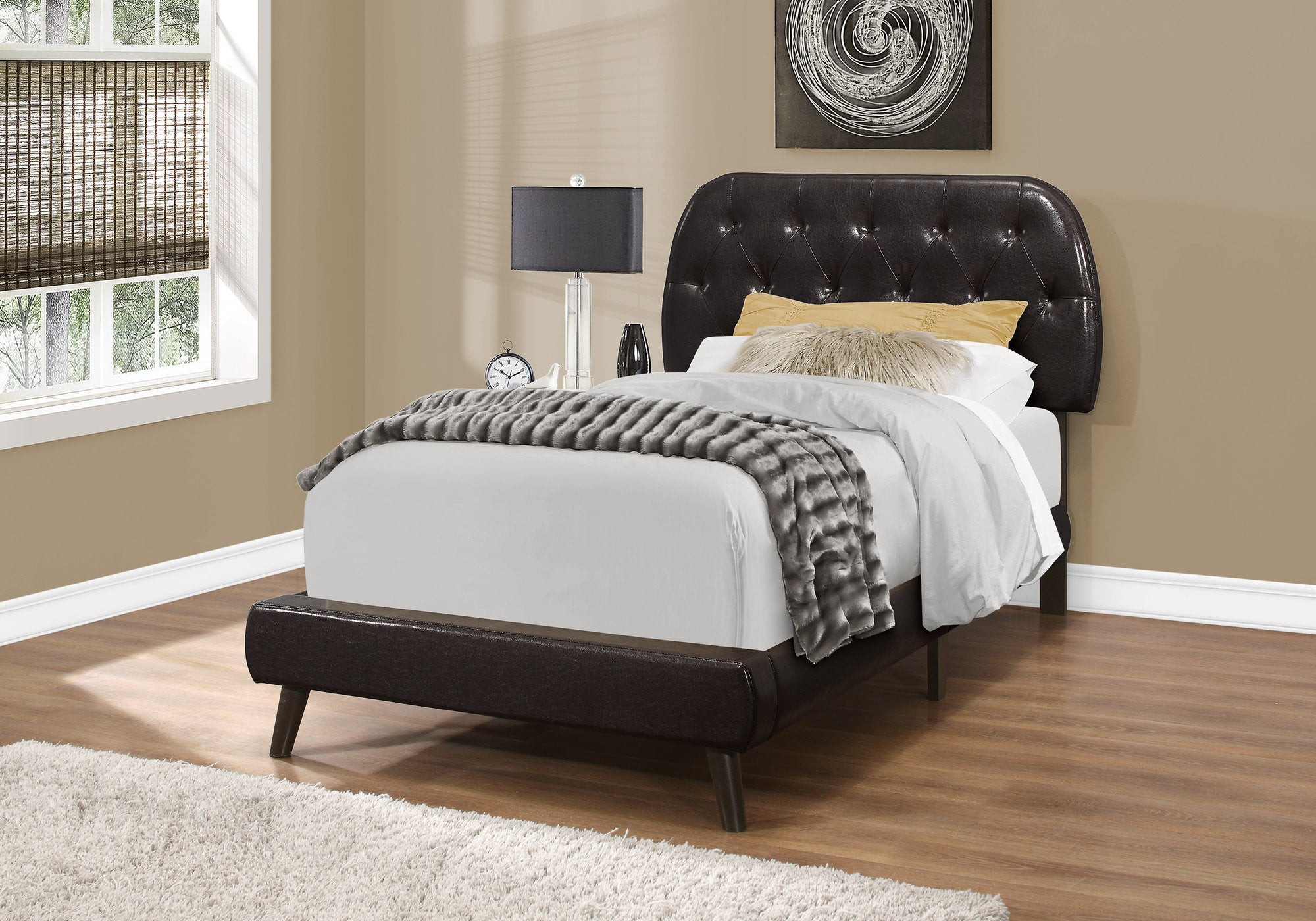 Transitional Brown Leather Look Twin Upholstered Bed for Teens