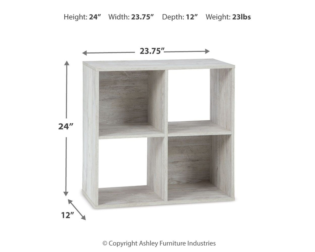 White cube organizer shelving unit with open cubbies, height 24 in