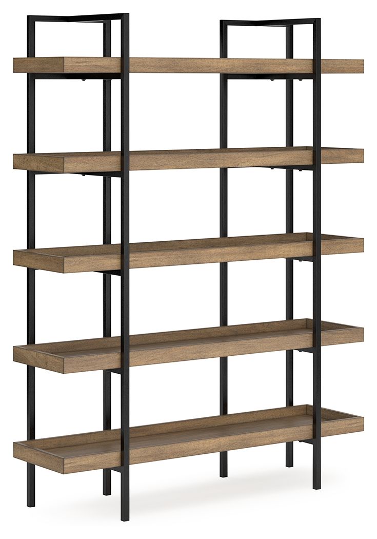 Light brown wood bookcase with black metal frame, open shelves in 5 rows