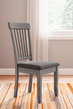 Gray dining room side chair with vertical slat back and padded seat