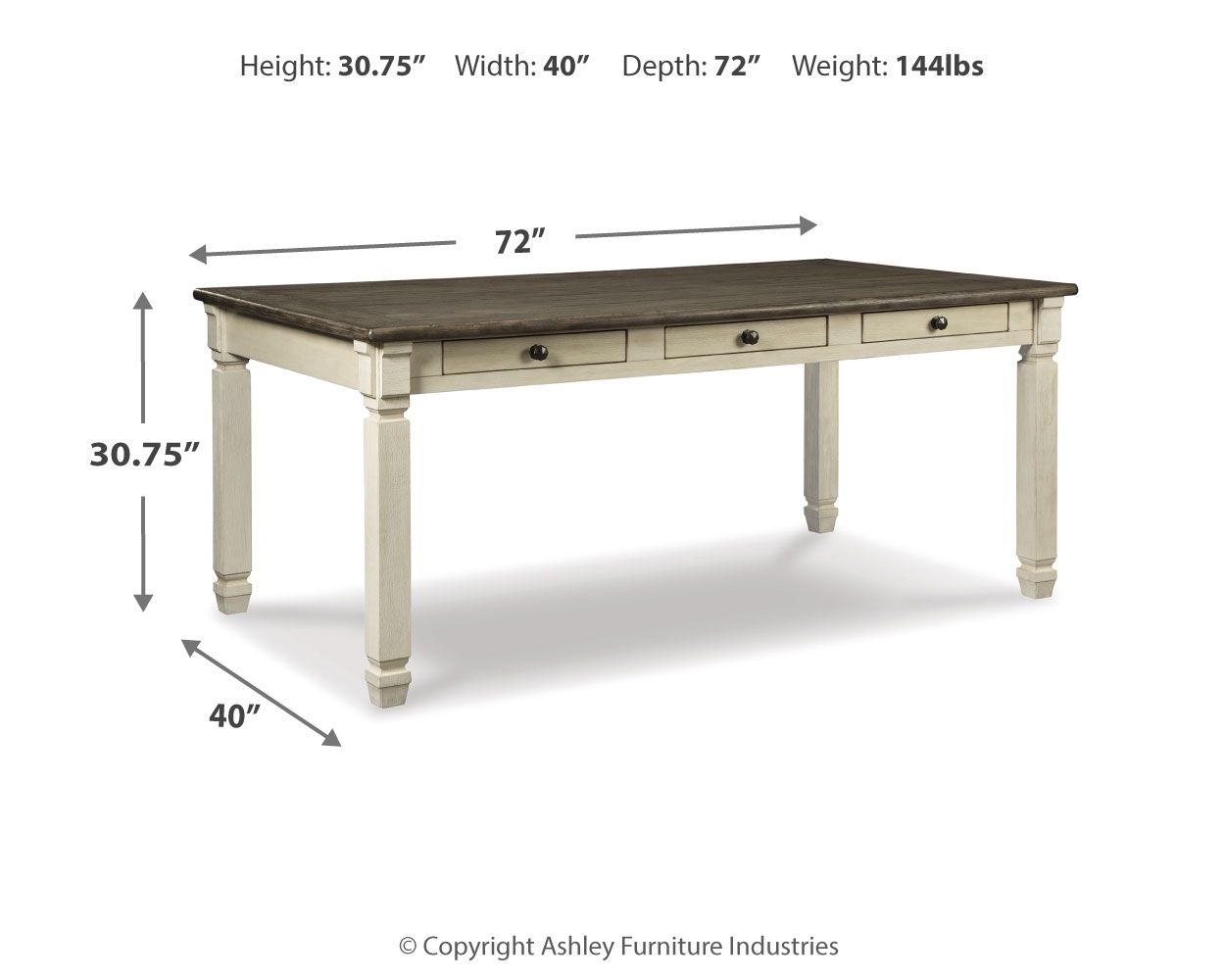 Rectangular dining room table beige with dark top; 72in length and 30.75in height