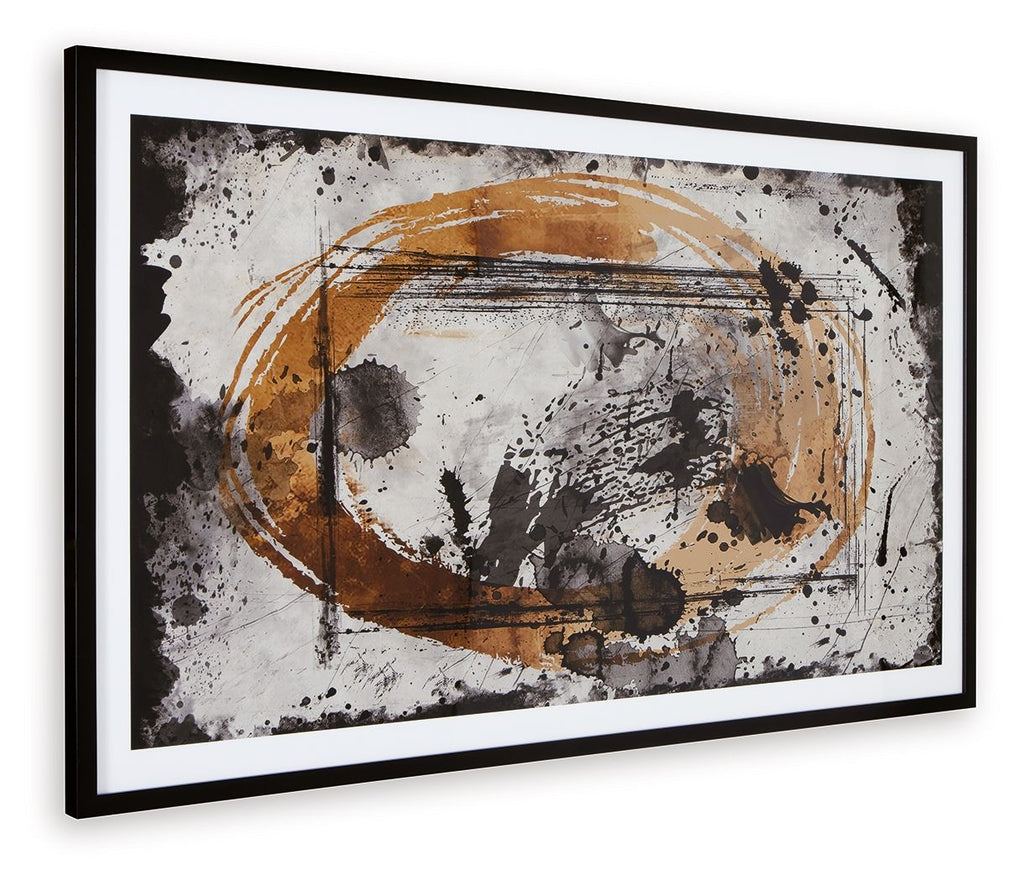 Framed abstract wall art print with black, caramel, and tan brush strokes