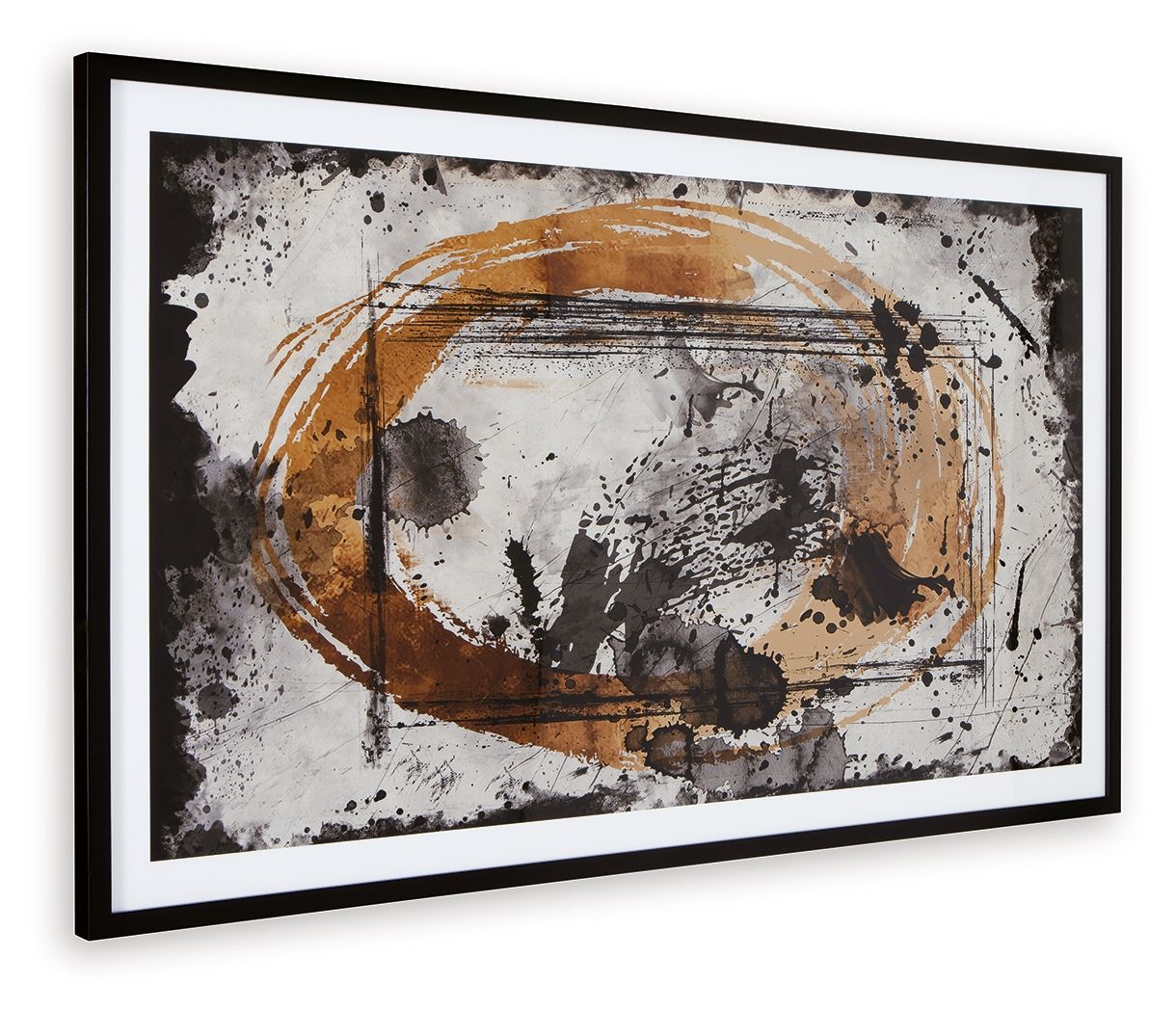 Framed abstract wall art print with black, caramel, and tan brush strokes