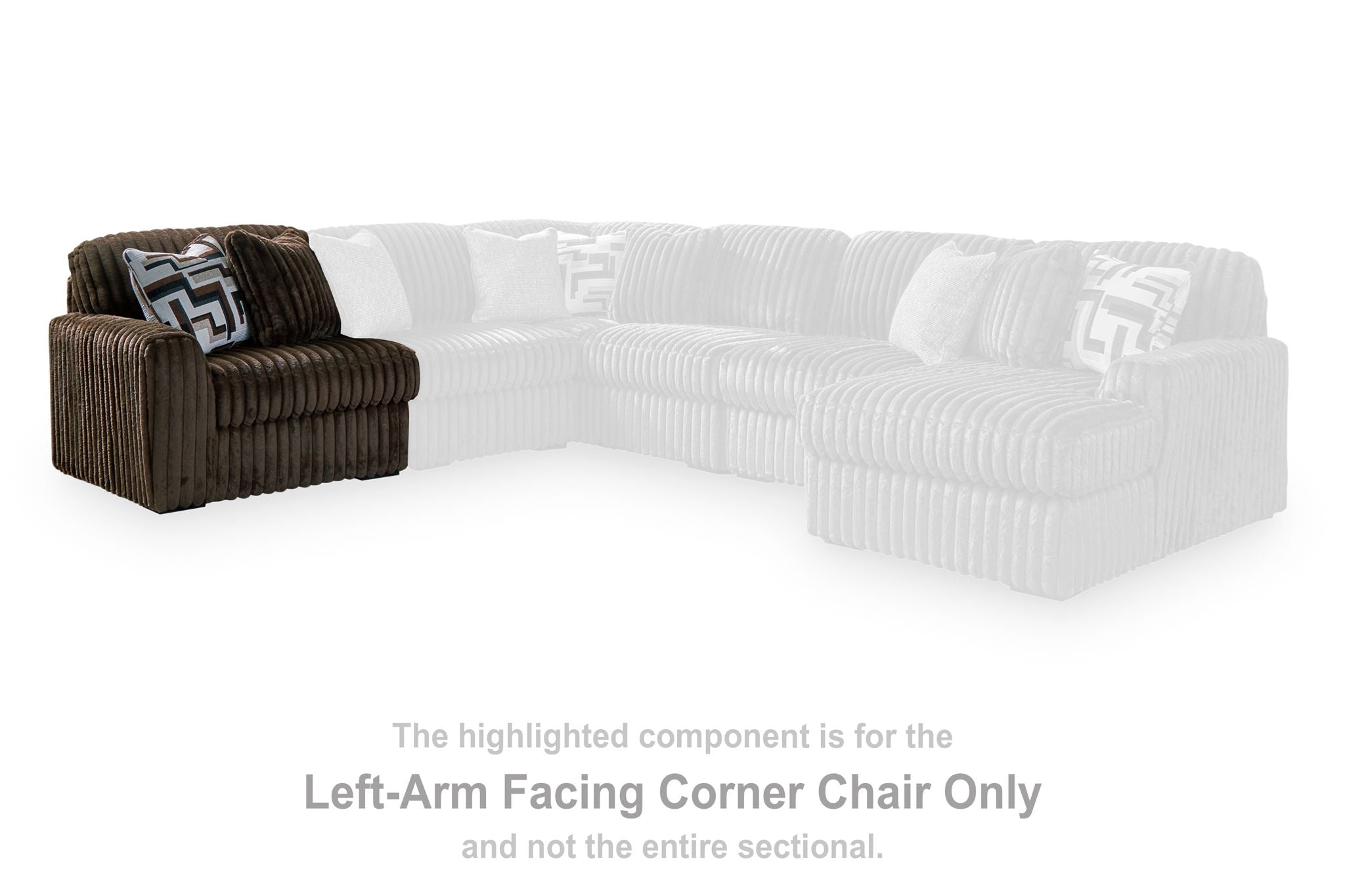 Chocolate-brown corduroy left-arm corner chair piece with seat cushion and backrest