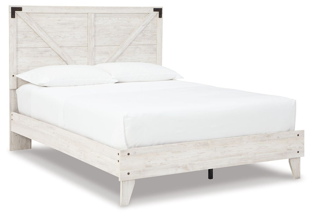 White panel bed with light wood frame, slatted headboard and side rails, white mattress