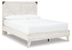 White panel bed with light wood frame, slatted headboard and side rails, white mattress